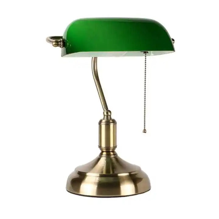 Green Banker Desk Lamp with Brass-Colored Base