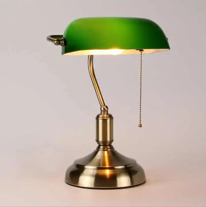 Green Banker Desk Lamp with Brass-Colored Base