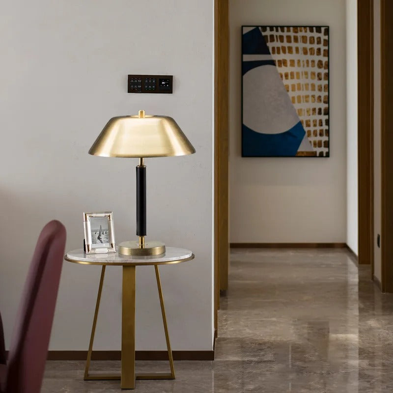 Gold Table Lamp with Black Stem and Wide Metal Shade