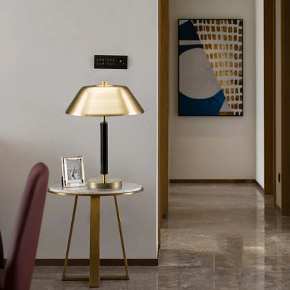Gold Table Lamp with Black Stem and Wide Metal Shade
