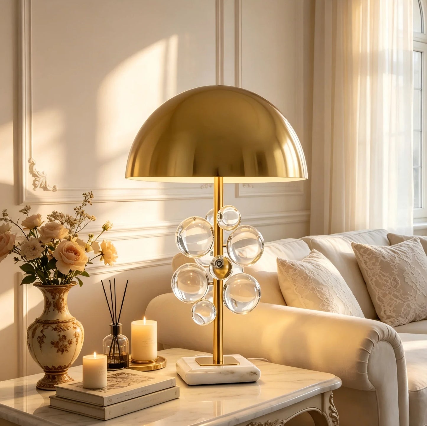 Gold Dome Table Lamp with Decorative Glass Sphere Details