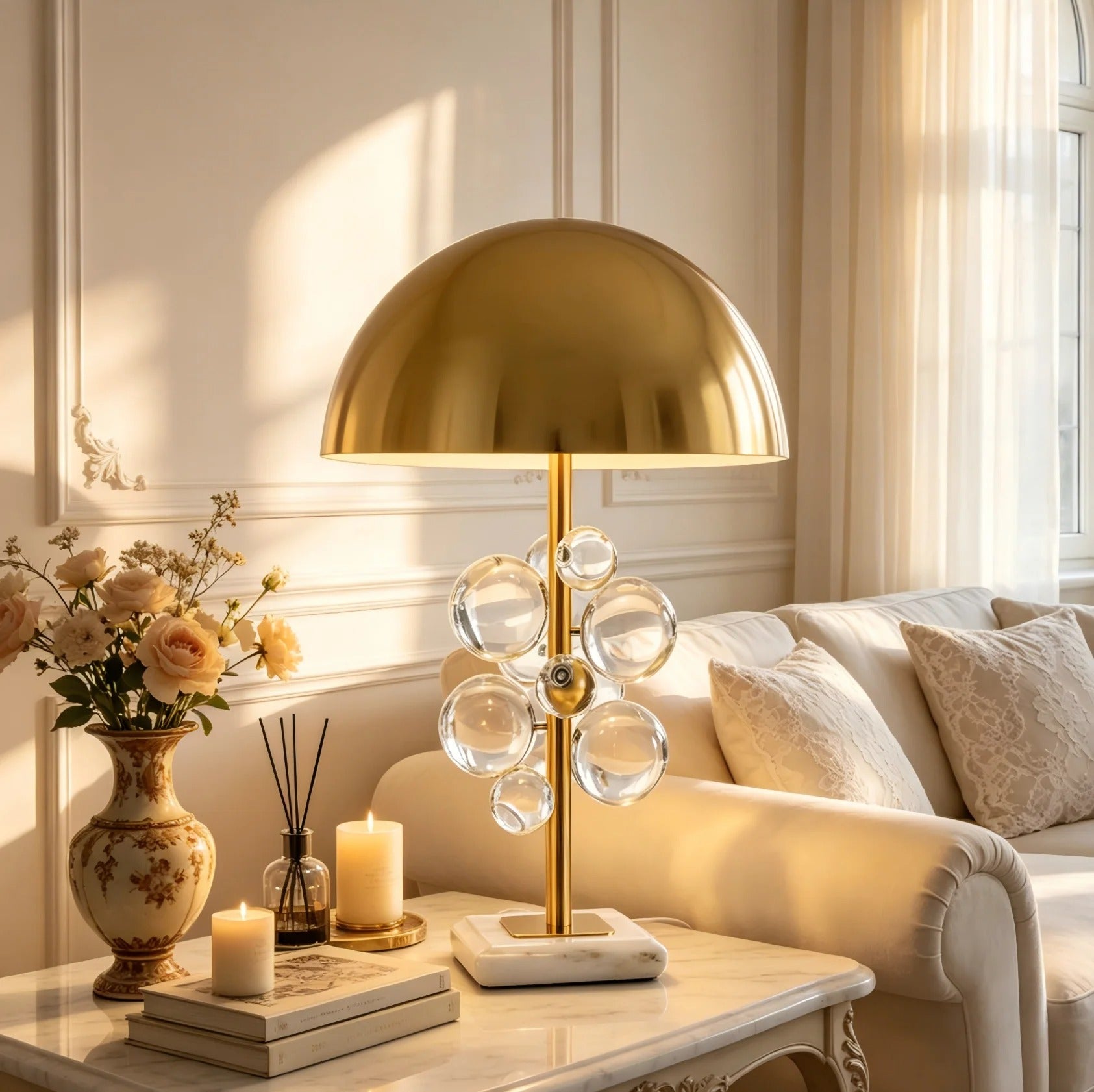 Gold Dome Table Lamp with Decorative Glass Sphere Details