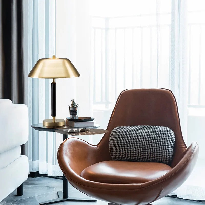 Gold Table Lamp with Black Stem and Wide Metal Shade