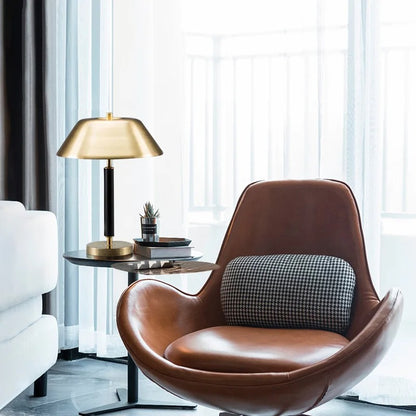 Gold Table Lamp with Black Stem and Wide Metal Shade