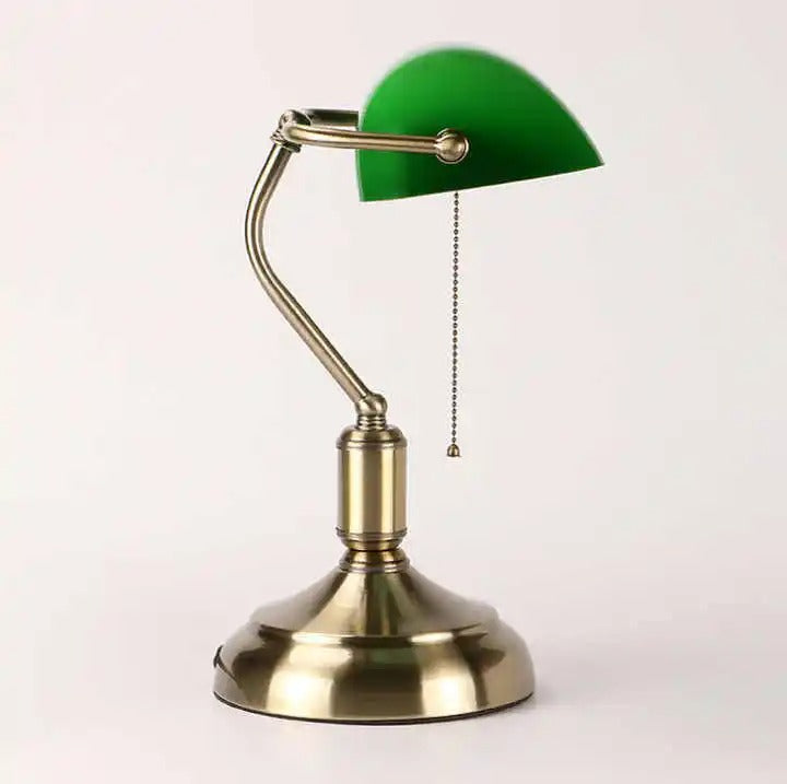 Green Banker Desk Lamp with Brass-Colored Base