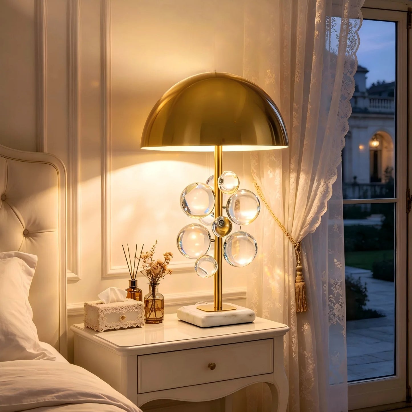 Gold Dome Table Lamp with Decorative Glass Sphere Details