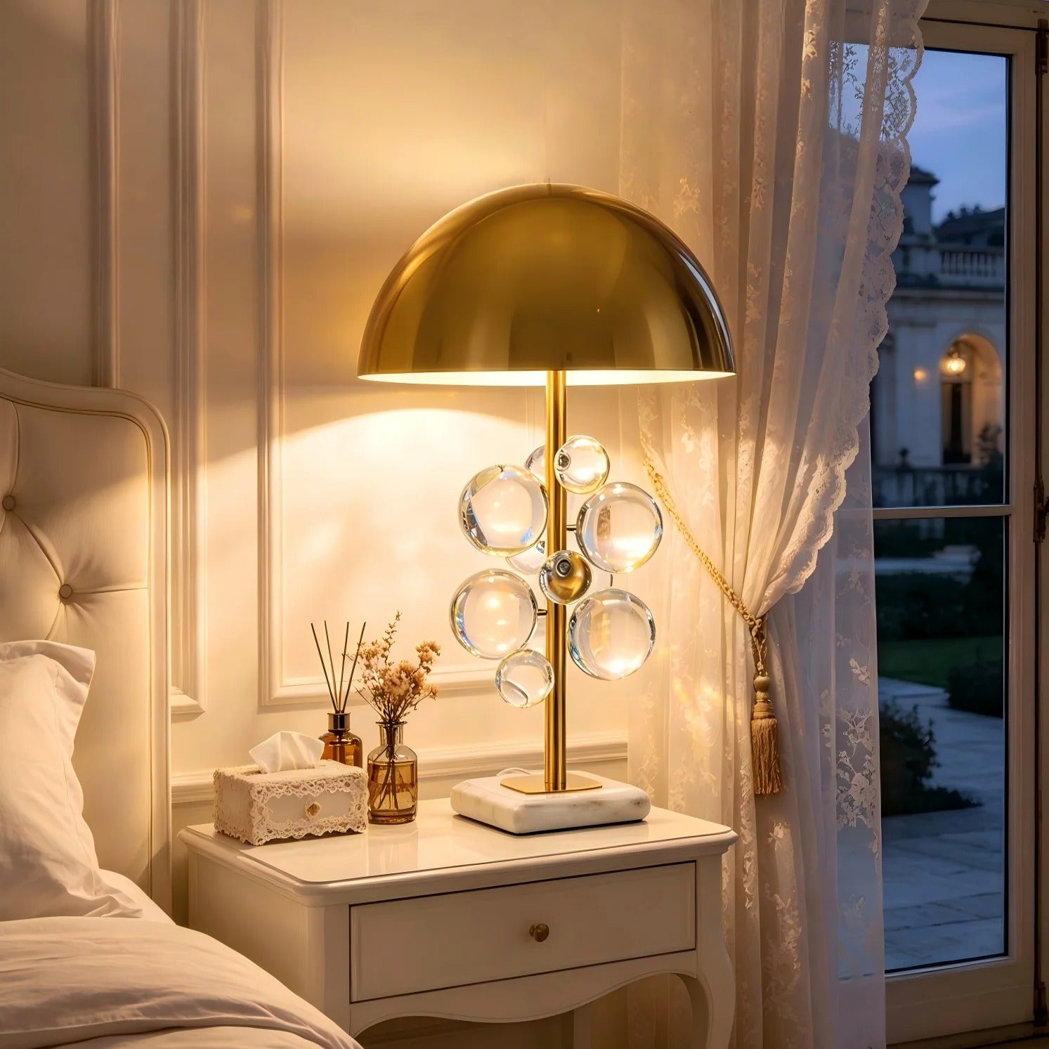 Gold Dome Table Lamp with Decorative Glass Sphere Details