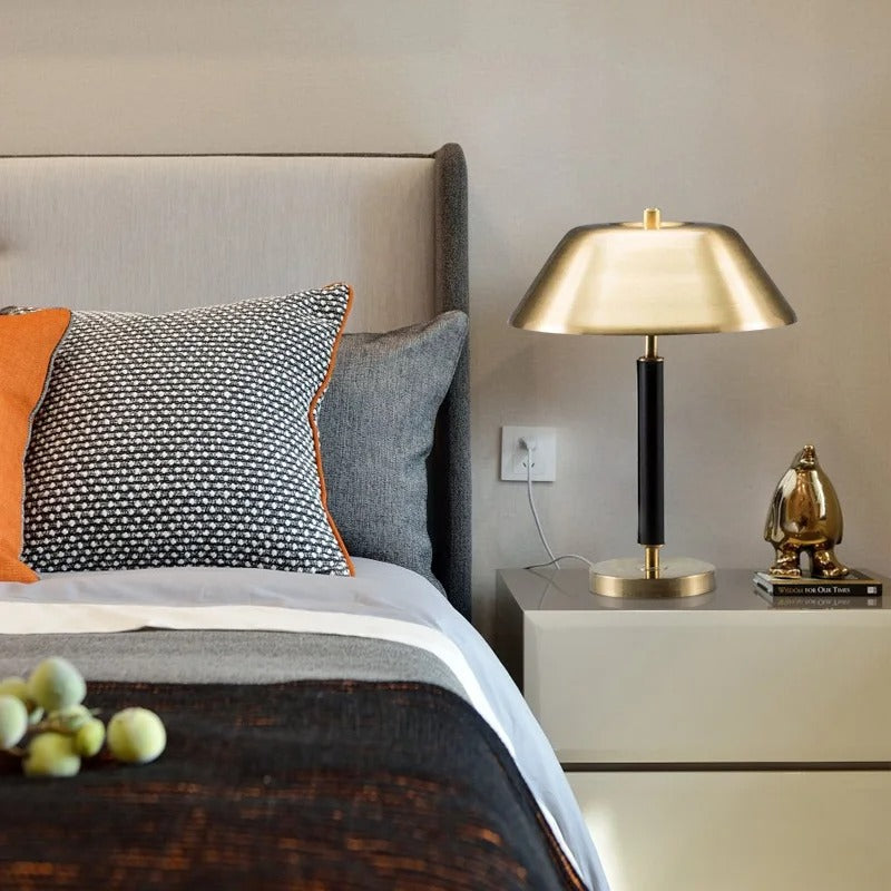 Gold Table Lamp with Black Stem and Wide Metal Shade