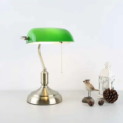Green Banker Desk Lamp with Brass-Colored Base