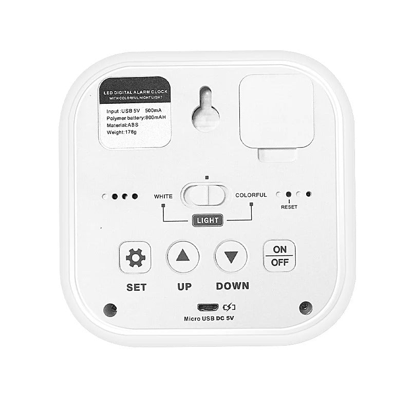 Square LED Alarm Clock with Touch Button and Color Night Light