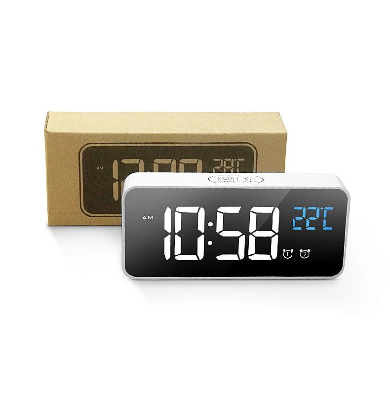 Rectangular LED Alarm Clock with Mirror Display and Temperature Screen