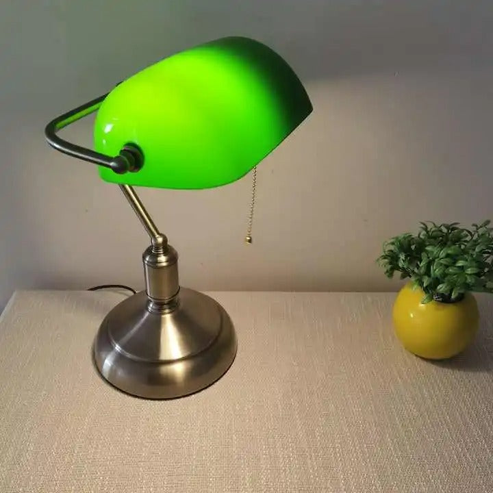 Green Banker Desk Lamp with Brass-Colored Base