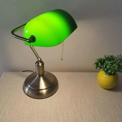 Green Banker Desk Lamp with Brass-Colored Base